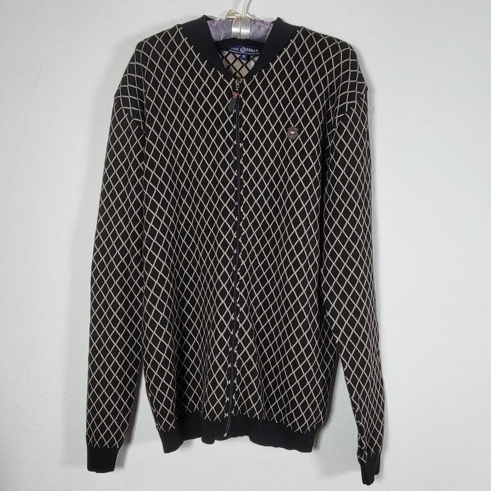 Paul Parker Mens XL Diamond Pattern Cardigan Sweater Black/Beige Full-Zip New